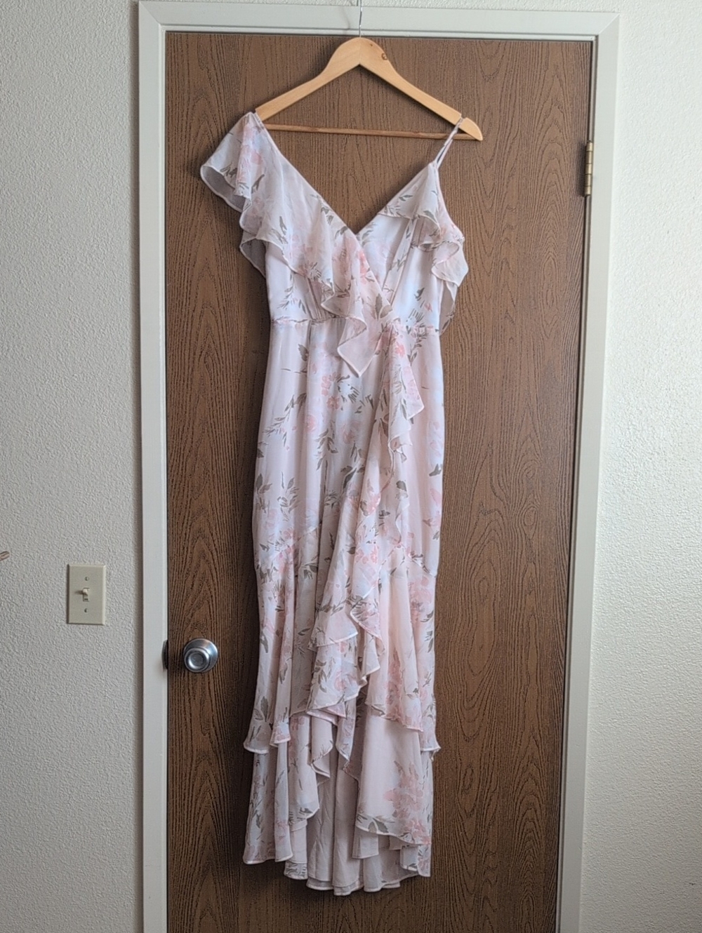 Wayf Light Pink Floral Ruffle High-Low Dress
